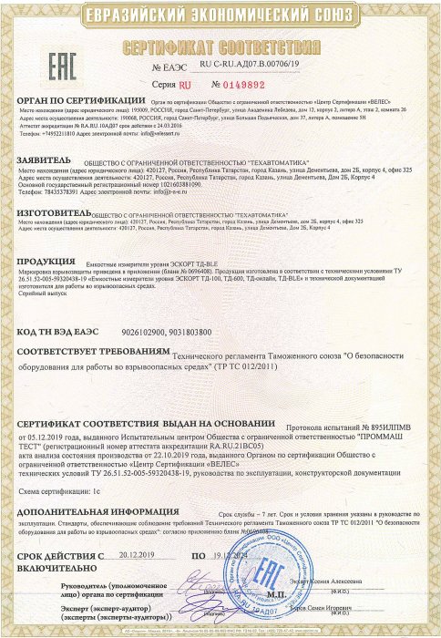 Сертификат ЕАС о взрывазащищенных средствах измерений ЭСКОРТ ТД-BLE